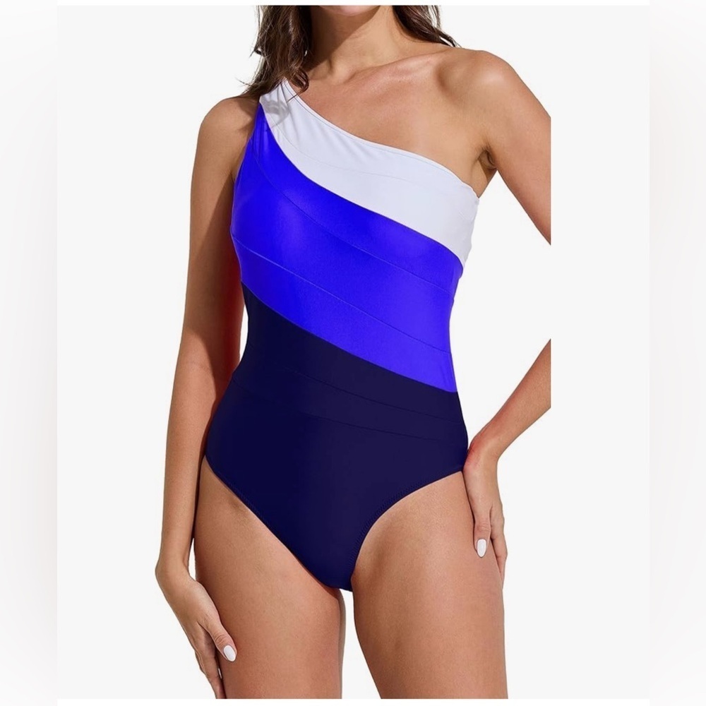 Women's One Shoulder One Piece Swimsuit Colorblock Tummy Control Bathing Suit
